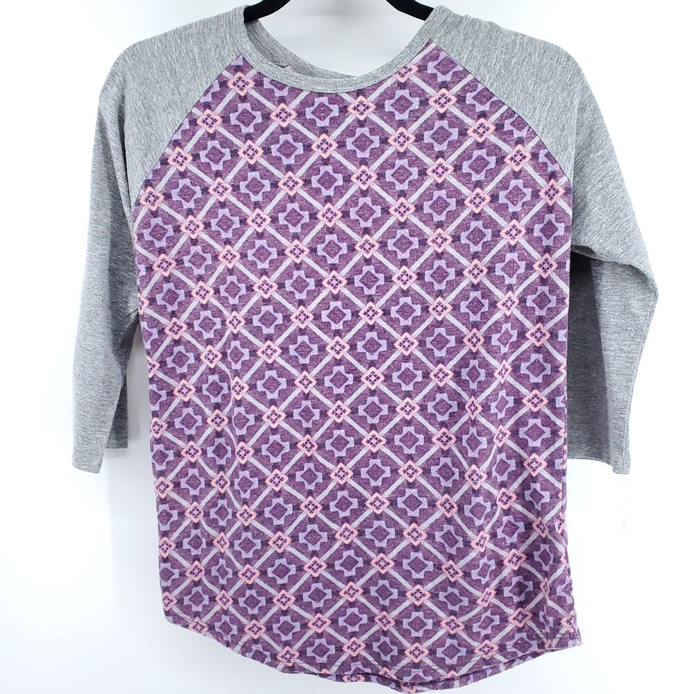 LuLaRoe Womens Purple Geometric Gray Raglan 3/4 Sleeve Top Round Hemline| S